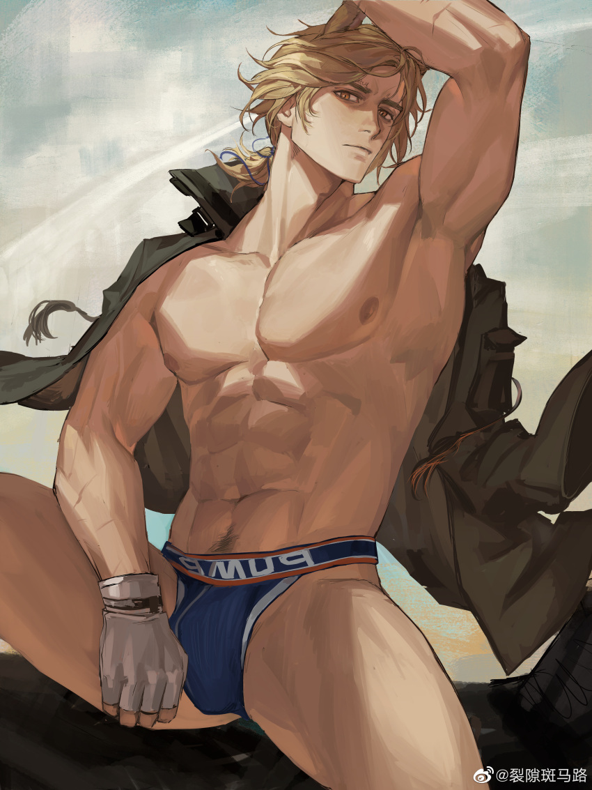 1boy abs absurdres aixiwuganda_(20222192) animal_ears arknights arm_over_head armpits bara blonde_hair blue_male_underwear briefs bulge closed_mouth head_tilt highres horse_boy horse_ears horse_tail jacket jacket_on_shoulders large_pectorals long_hair looking_at_viewer male_focus male_underwear mature_male mlynar_(arknights) muscular muscular_male navel navel_hair nipples no_pants no_shirt pectorals solo spread_legs stomach tail thick_eyebrows thighs underwear yellow_eyes