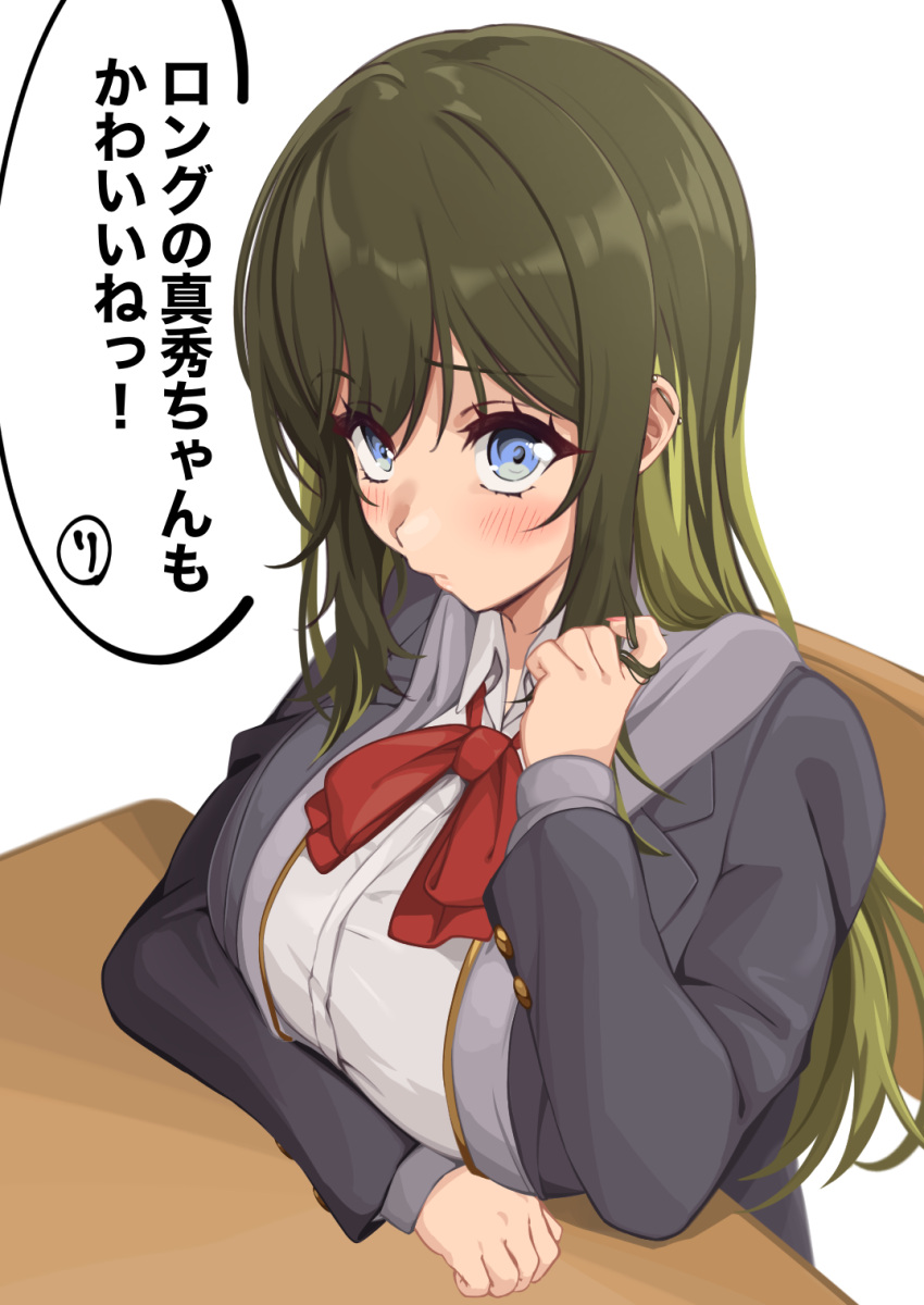 163_(shiromeshi) 1girl akashi_maho alternate_hair_length alternate_hairstyle arm_on_table barbell_piercing black_jacket blonde_hair blue_eyes blush bow bowtie breast_rest breasts breasts_on_table chair closed_mouth collared_shirt commentary_request d4dj desk ear_piercing fingernails green_hair hair_between_eyes hair_twirling hand_up highres hood hood_down hooded_jacket industrial_piercing jacket large_breasts long_sleeves looking_at_viewer looking_to_the_side multicolored_hair nail_polish on_chair open_clothes open_jacket piercing red_bow red_bowtie red_nails school_chair school_desk school_uniform shirt sidelocks simple_background sitting solo speech_bubble translation_request two-tone_hair upper_body white_background white_shirt