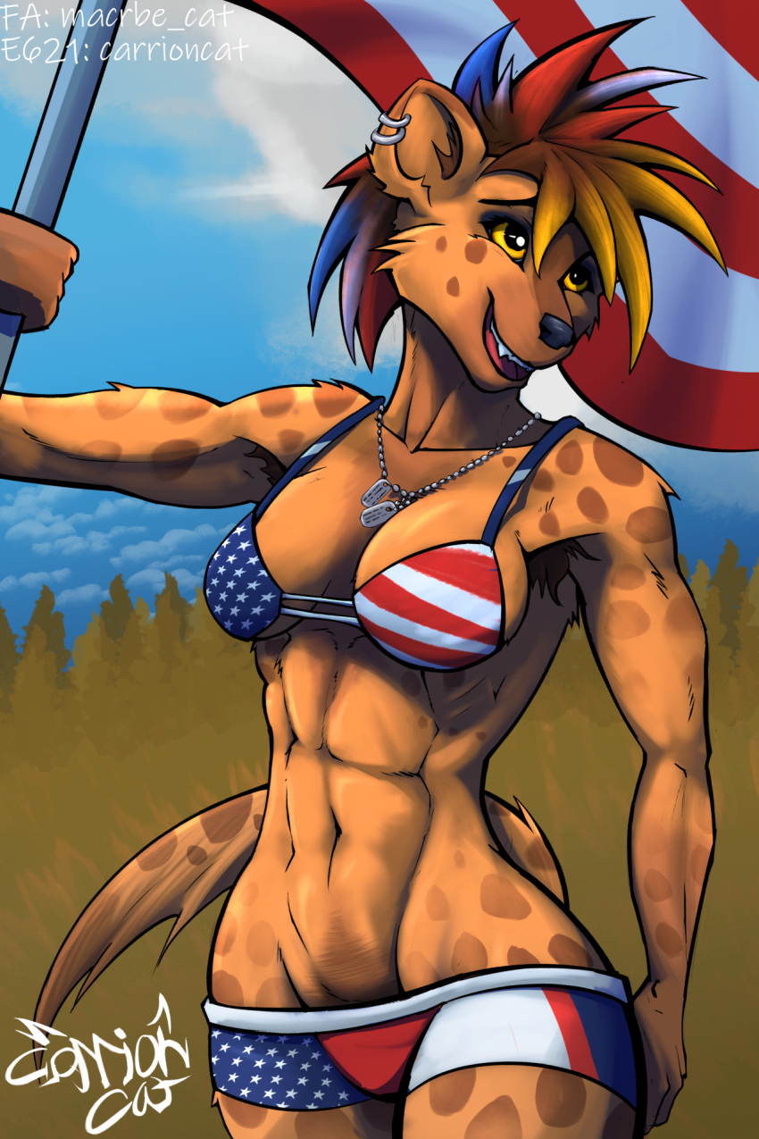 american_flag_bikini athletic athletic_female boy_shorts breasts clothing cloud dog_tags female hi_res highlights_(coloring) hyena mammal muscular muscular_female patriotism piercing politics spotted_hyena stars_and_stripes swimming_trunks swimwear underwear united_states_of_america