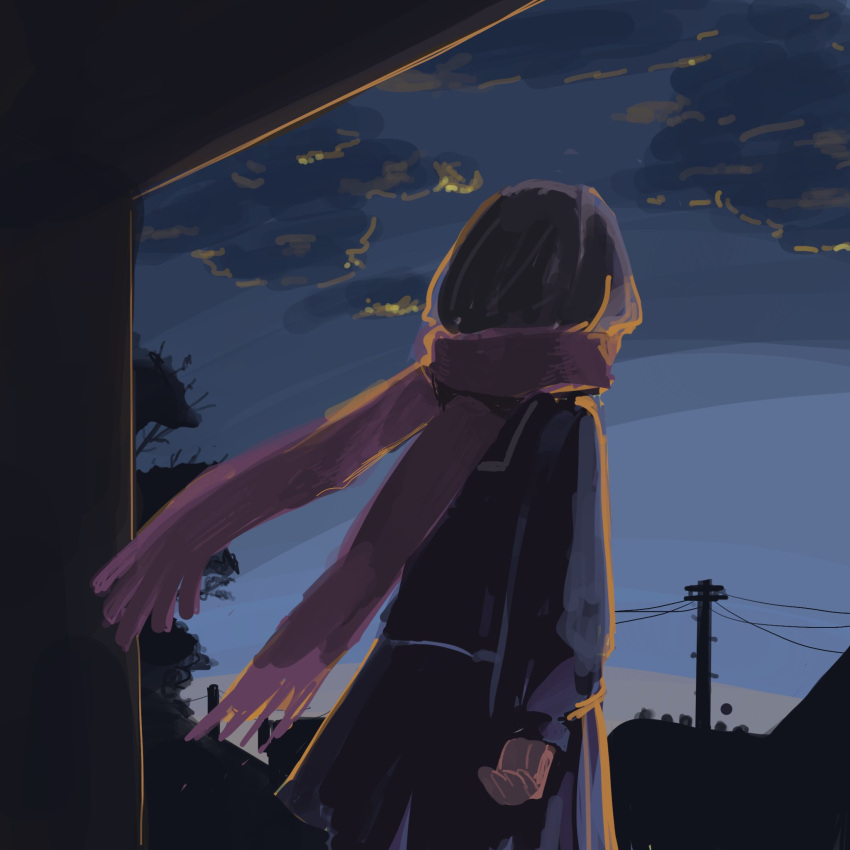 1girl arm_at_side backlighting black_sailor_collar black_serafuku black_skirt blue_sky brown_hair cloud commentary_request cowboy_shot dark enpera facing_away floating_scarf fringe_trim from_behind highres kagerou_project looking_afar multicolored_sky outdoors partial_commentary pleated_skirt power_lines red_scarf sailor_collar scarf school_uniform serafuku skirt sky solo tateyama_ayano tree twilight utility_pole wastegoma wind