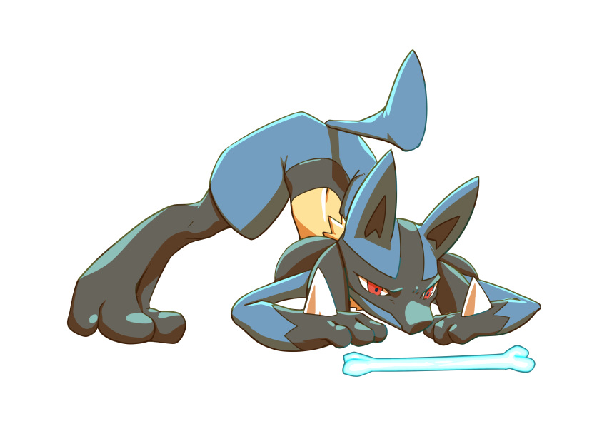 absurdres animal_ears animal_hands bone closed_mouth dog_ears dog_tail full_body highres jack-o'_challenge kakashino_kakato looking_down lucario no_humans pokemon pokemon_(creature) red_eyes solo spikes tail top-down_bottom-up