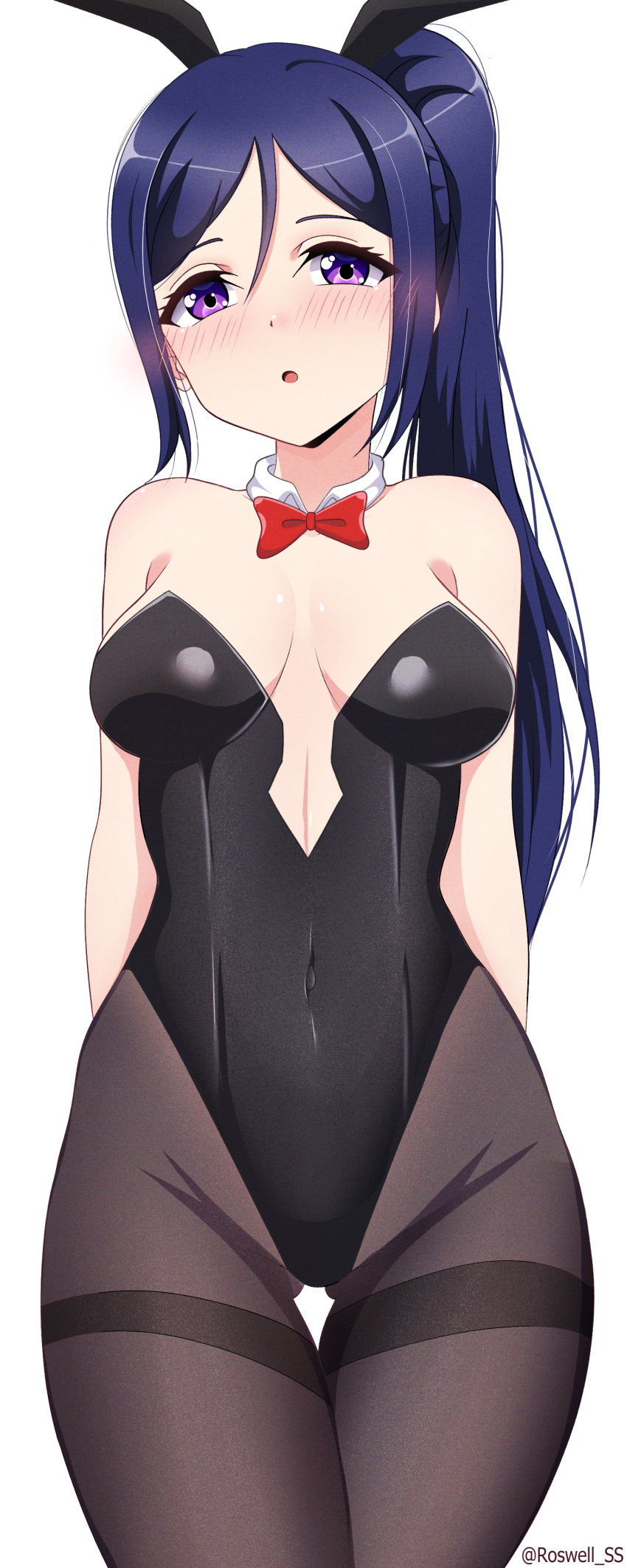1girl absurdres animal_ears arms_behind_back bare_shoulders black_leotard blue_hair blush bow bowtie breasts brown_pantyhose cleavage commentary covered_navel cowboy_shot detached_collar english_commentary fake_animal_ears highleg highleg_leotard highres leotard long_hair looking_at_viewer love_live! love_live!_sunshine!! matsuura_kanan medium_breasts open_mouth pantyhose playboy_bunny ponytail purple_eyes rabbit_ears roswell_ss simple_background solo strapless strapless_leotard white_background