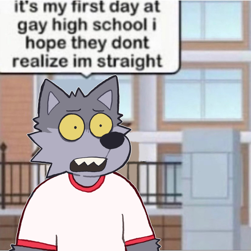 anthro canid canine canis clothing dialogue english_text fur grey_body grey_fur hi_res male mammal ohmygoditguppy outside sharp_teeth shirt solo speech_bubble standing teeth terry_(ohmygoditguppy) text topwear white_clothing white_shirt white_topwear wolf yellow_sclera