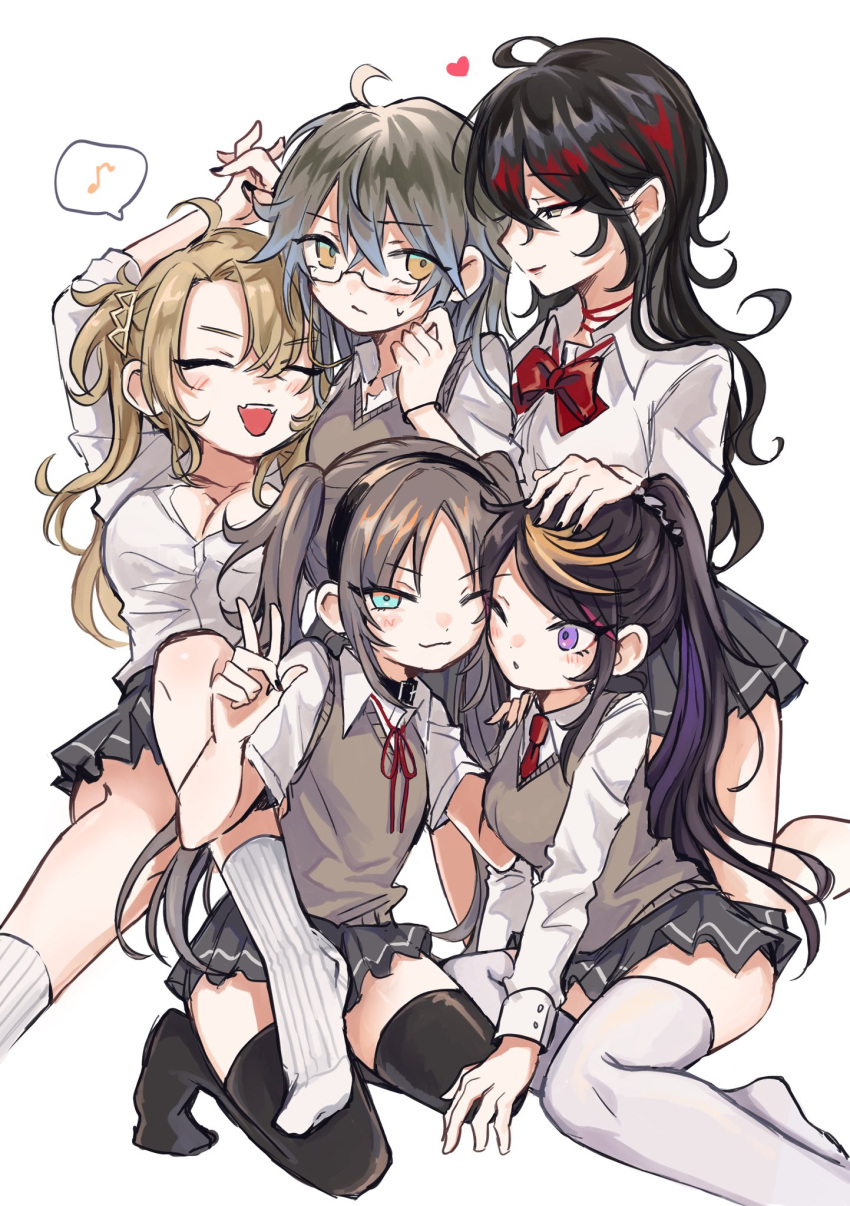 ahoge black_hair black_thighhighs blonde_hair blue_eyes blue_hair bracelet breasts brown_eyes brown_hair brown_sweater_vest cleavage closed_eyes genderswap genderswap_(mtf) glasses gradient_hair grey_skirt hair_ornament hairclip high_ponytail highres ike_eveland ivy_eveland jewelry long_hair luca_kaneshiro lucy_kaneshiro luxiem multicolored_hair mysta_rias ngron027 nijisanji nijisanji_en no_shoes pleated_skirt purple_eyes purple_hair red_hair school_uniform shirt shu_yamino skirt streaked_hair sweater_vest thighhighs two_side_up virtual_youtuber vox_akuma voxanne white_shirt white_thighhighs