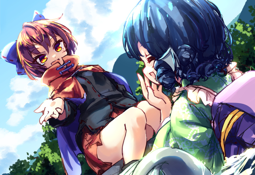 2girls black_shirt blue_hair blue_sky cloak closed_mouth cloud commentary_request drill_locks dutch_angle eyeshadow frilled_kimono frills green_kimono head_fins isu_(is88) japanese_clothes kimono looking_at_another looking_at_viewer makeup multiple_girls outdoors plant red_eyeshadow red_hair red_skirt sekibanki shirt short_hair sitting skirt sky smile touhou wakasagihime