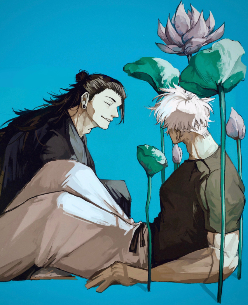 2boys ^_^ absurdres belt black_belt black_hair black_kimono black_shirt blue_background closed_eyes cowboy_shot ear_piercing flower getou_suguru gojou_satoru hair_bun hair_pulled_back highres japanese_clothes jujutsu_kaisen kimono long_hair lotus male_focus multiple_boys pants parted_lips piercing plant shirt short_hair short_sleeves simple_background sitting smile uniki_niki_niki white_hair white_pants