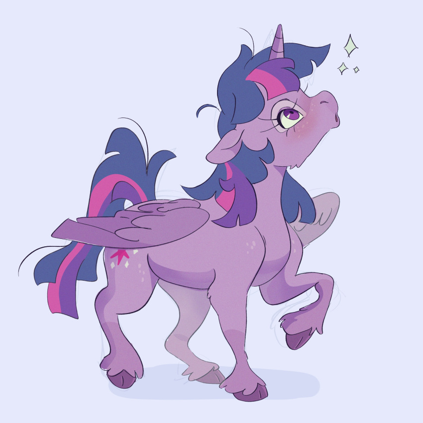 1:1 absurd_res blue_background blush cloven_hooves cutie_mark digital_media_(artwork) equid equine eyelashes feathered_wings feathers female feral friendship_is_magic fur hair hasbro hi_res hooves horn leg_tuft mammal mane my_little_pony purple_body purple_feathers purple_fur purple_hair purple_hooves purple_mane purple_tail raised_hoof simple_background tail totalmessica tuft twilight_sparkle_(mlp) winged_unicorn wings