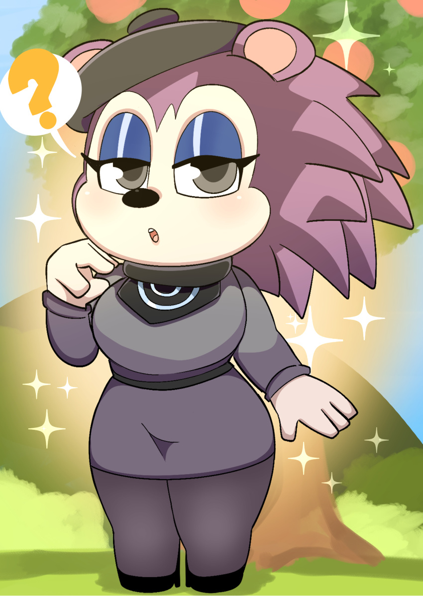 absurd_res animal_crossing anthro beret clothing dress eulipotyphlan female footwear hat headgear headwear hedgehog hi_res high_heels labelle_able legwear looking_at_viewer mammal nintendo onibi pantyhose plant question_mark solo sparkles tree