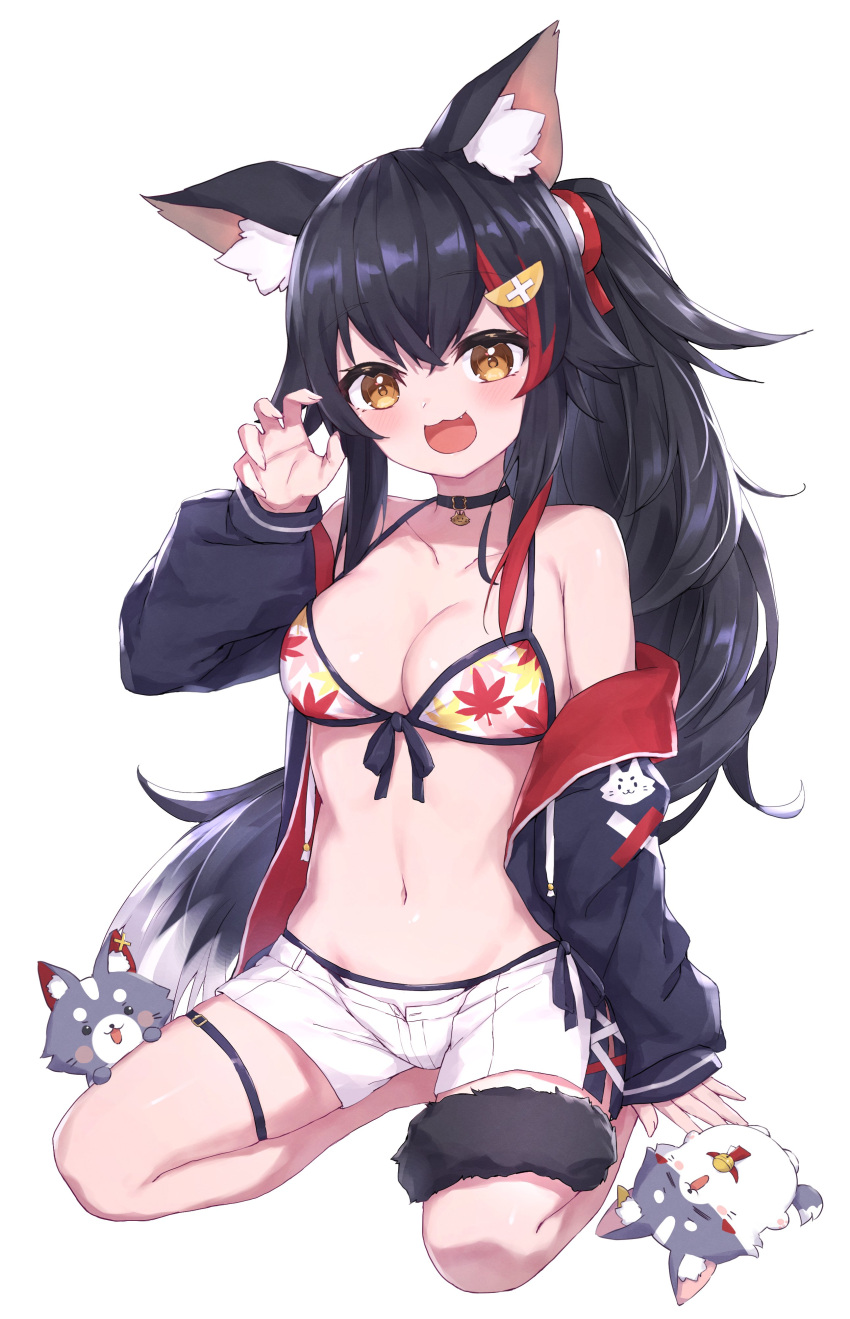 1girl absurdres animal_ear_fluff animal_ears bare_shoulders bikini black_choker black_hair breasts choker cleavage collarbone hair_ornament hairclip highres hololive kneeling large_breasts leaf_print maple_leaf_print masaki_(msk064) miofa_(ookami_mio) multicolored_hair multiple_others ookami_mio ookami_mio_(summer_vacation) open_mouth red_hair shorts simple_background smile streaked_hair swimsuit tail tail_around_own_leg two-tone_hoodie virtual_youtuber white_background white_shorts wolf_ears wolf_girl wolf_tail