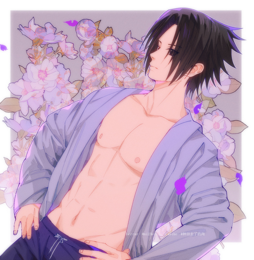 1boy bare_pectorals black_eyes black_hair chinese_commentary commentary_request dutch_angle flower groin hands_on_own_hips highres male_focus male_swimwear naruto naruto_(series) niku_(ni23ku) open_clothes open_shirt pectorals profile solo swim_trunks twitter_username uchiha_sasuke upper_body