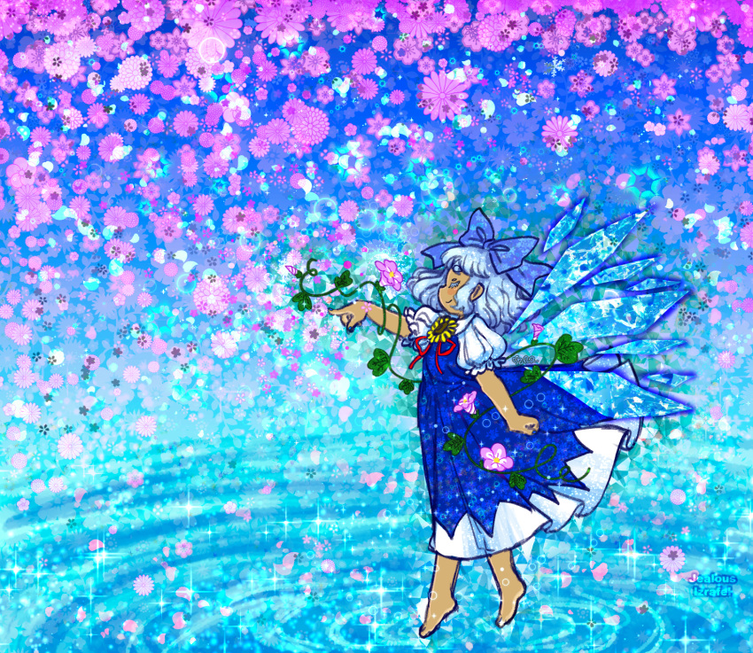 1girl aemulatorizrafel artist_name barefoot blue_background blue_bow blue_dress blue_hair blue_theme bow cirno cirno_day closed_eyes closed_mouth colored_eyelashes dark-skinned_female dark_skin detached_wings dress flower from_side full_body highres ice ice_wings leaf light_smile pinafore_dress pink_background puffy_short_sleeves puffy_sleeves shirt short_sleeves sleeveless sleeveless_dress solo sunflower tanned_cirno touhou water white_shirt wings yellow_flower