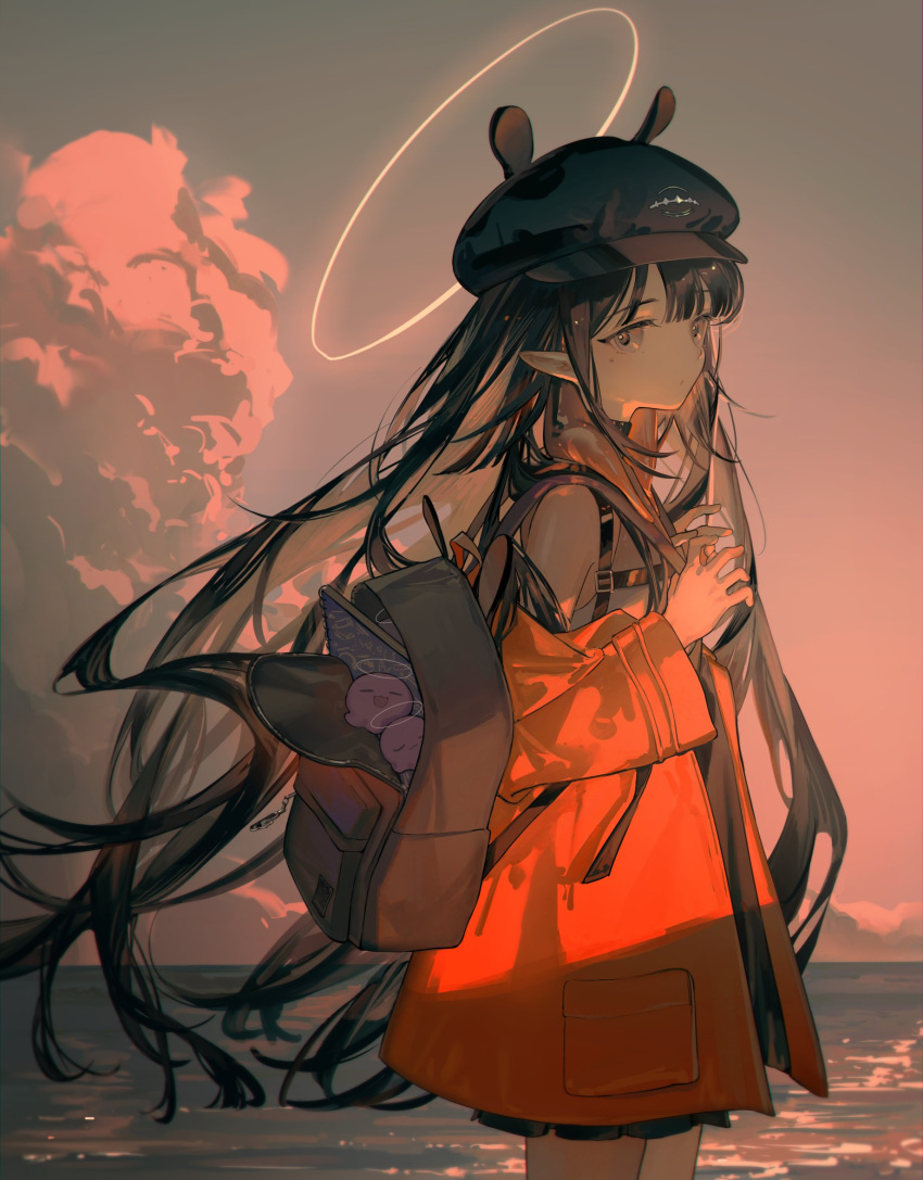 1girl :3 alternate_costume backpack bag beret black_bag black_choker black_eyes black_hair black_headwear black_skirt chest_harness choker cloud cowboy_shot creature fcjfior floating_hair halo harness hat highres hololive hololive_english jacket long_hair looking_at_viewer ninomae_ina'nis ninomae_ina'nis_(2nd_costume) notebook open_bag open_clothes open_jacket orange_jacket pointy_ears shirt skirt sky solo takodachi_(ninomae_ina'nis) tentacle_hair very_long_hair virtual_youtuber water white_shirt