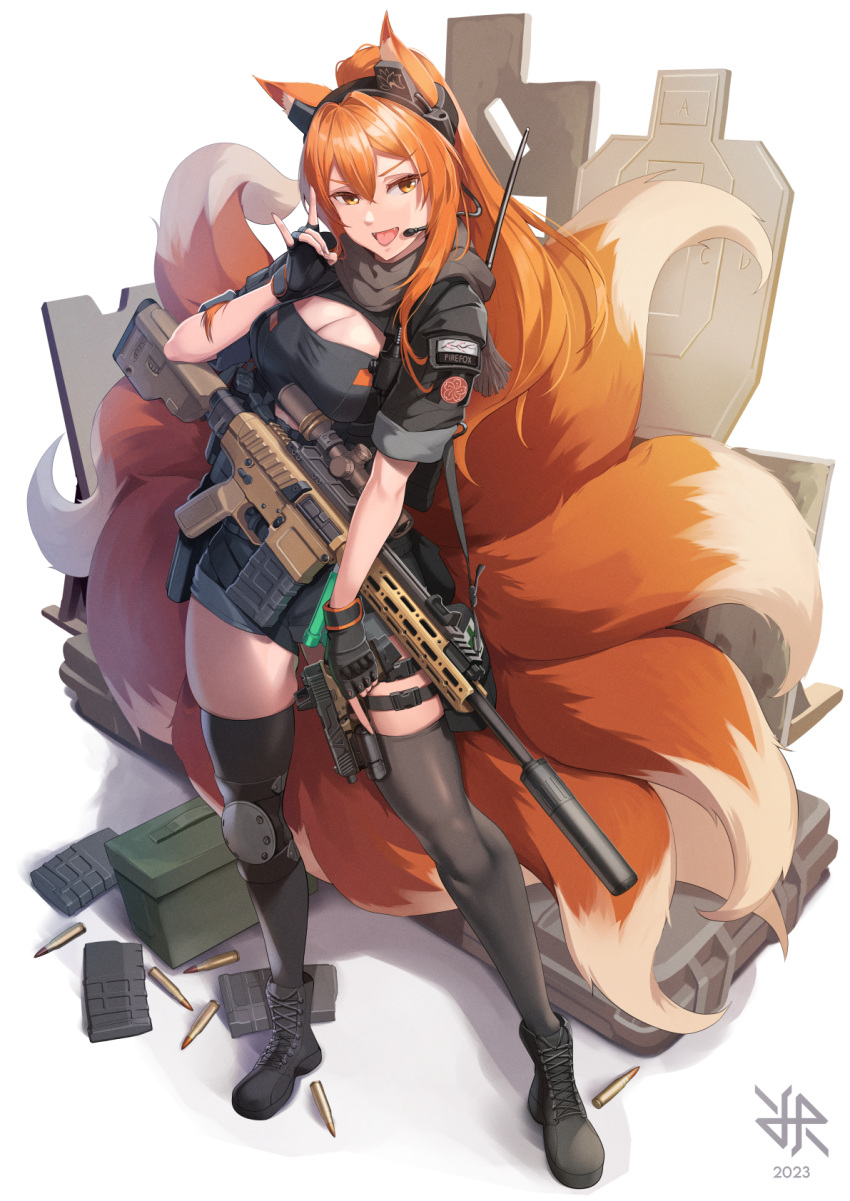 1girl black_gloves black_jacket black_skirt black_thighhighs breasts fingerless_gloves fox_girl fox_tail glock gloves gun handgun highres hiroki_ree jacket large_tail magazine_(weapon) military_uniform multiple_tails orange_eyes orange_hair original remington_rsass skirt sleeves_rolled_up smile solo suppressor tail target thighhighs uniform weapon white_background