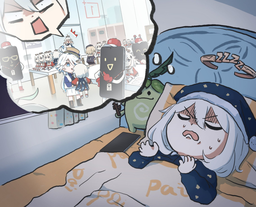 artist_name bed blanket cellphone chibi commentary contemporary dreaming genshin_impact hair_between_eyes halo highres nightmare oneplus paimon_(genshin_impact) phone pillow shop sleeping sleepwear symbol-only_commentary white_hair xinzoruo