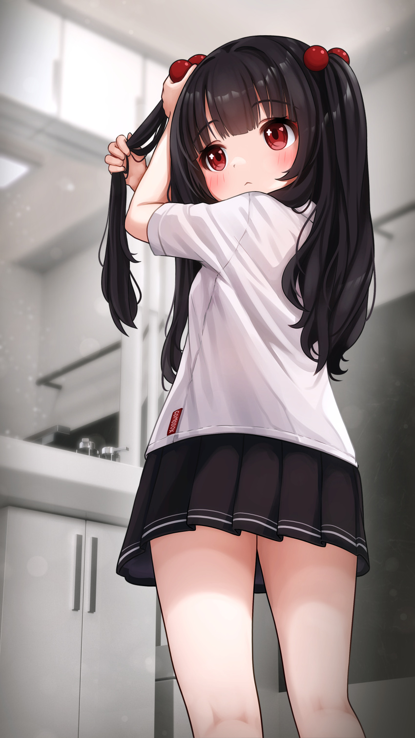 1girl absurdres black_hair black_skirt blurry blurry_background blush breasts closed_mouth comodomodo feet_out_of_frame hair_bobbles hair_ornament highres indoors long_hair lulla_(comodomodo) miniskirt original pleated_skirt red_eyes shirt short_sleeves skirt small_breasts solo standing two_side_up white_shirt