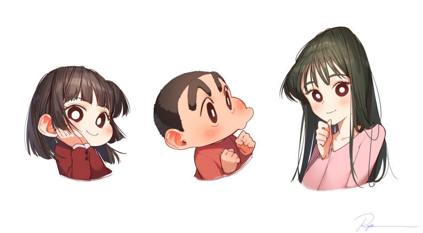 1boy 2girls black_hair blush bright_pupils brown_eyes character_request crayon_shin-chan cropped_torso female_child hand_up hands_up highres long_hair long_sleeves looking_at_viewer male_child medium_hair multiple_girls pink_shirt red_shirt ryota_(ry_o_ta) shadow shirt short_hair signature simple_background very_short_hair white_background white_pupils