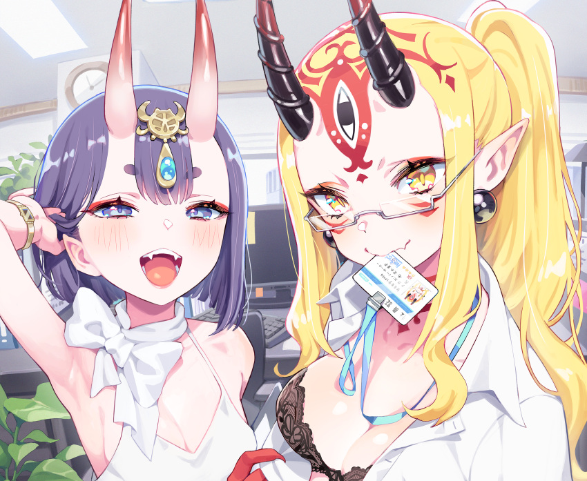 2girls bare_shoulders black_bra blonde_hair bob_cut bra bracelet breasts camisole cleavage collarbone collared_shirt contemporary earrings eyeliner facial_mark fate/grand_order fate_(series) forehead forehead_mark glasses hair_pulled_back headpiece highres horns ibaraki_douji_(fate) id_card jewelry kunikune lanyard long_hair looking_at_viewer makeup medium_breasts mouth_hold multiple_girls office_lady oni oni_horns open_clothes open_mouth open_shirt pointy_ears ponytail purple_eyes purple_hair scarf shirt short_hair shuten_douji_(fate) sidelocks skin-covered_horns smile tattoo underwear white_camisole white_scarf yellow_eyes