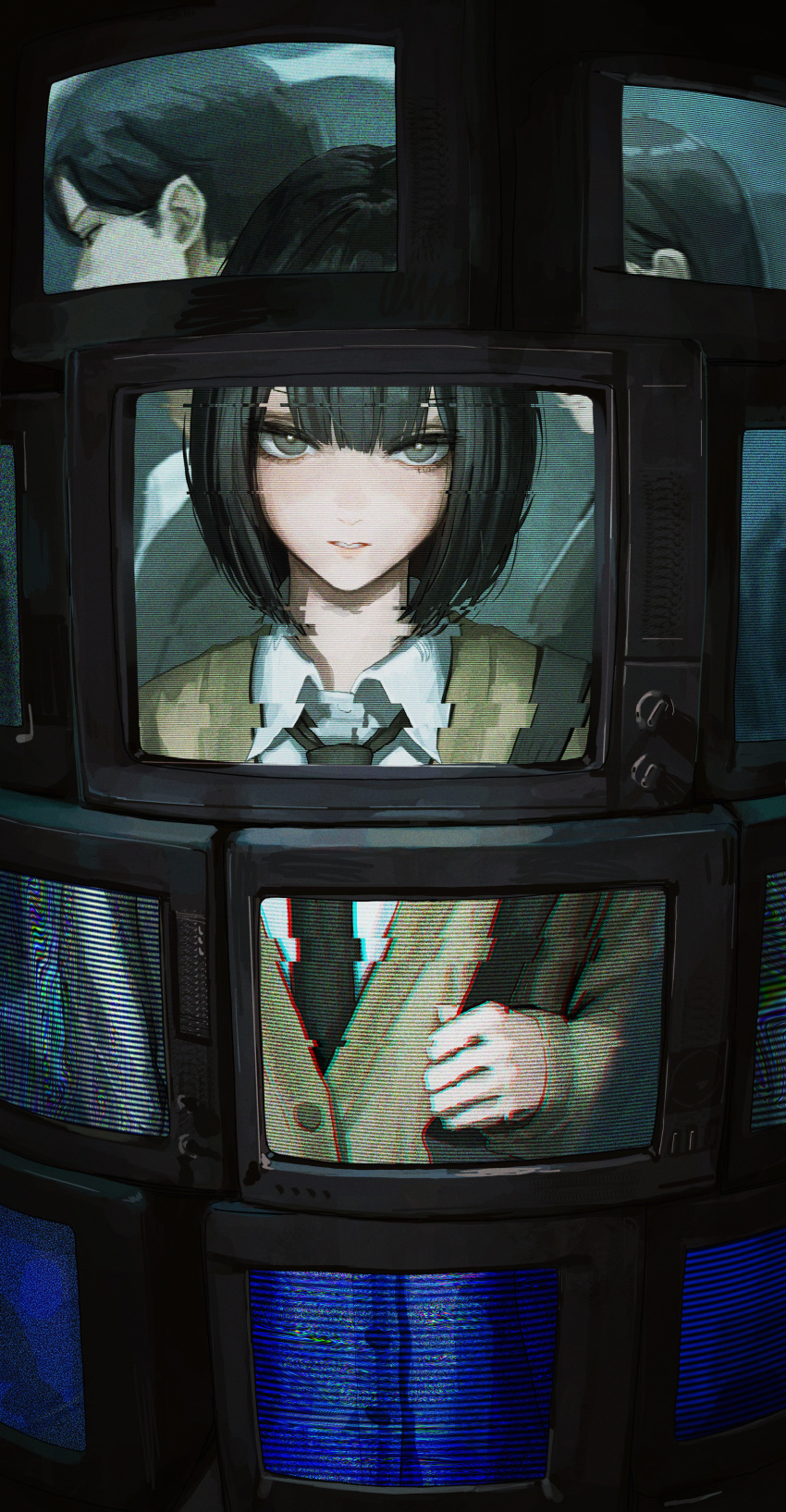 1boy 2girls absurdres ao_desu2222 backpack bag black_hair black_necktie cardigan collared_shirt commentary grey_eyes highres looking_at_viewer multiple_girls necktie original parted_lips shirt short_hair solo_focus symbol-only_commentary television white_shirt