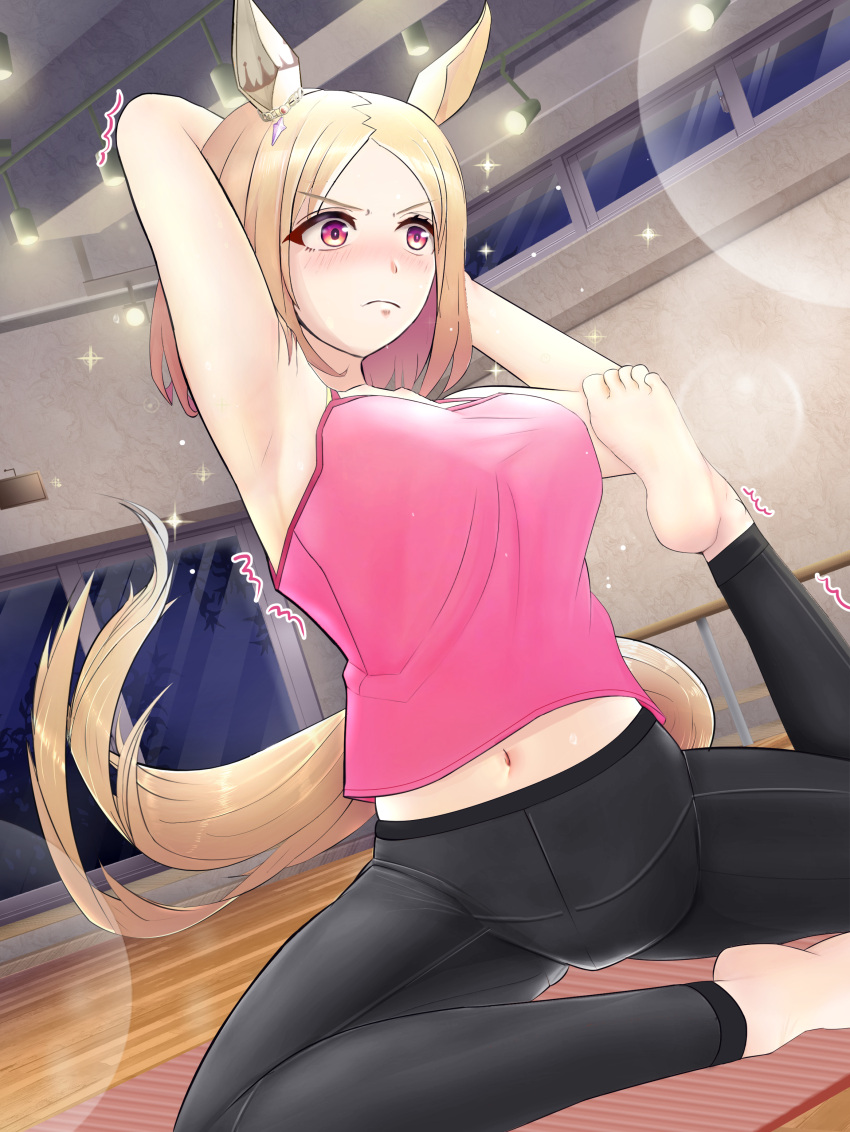 1girl absurdres animal_ears armpits barefoot blonde_hair breasts cosplay derivative_work ear_covers forehead gym highres horse_ears horse_girl horse_tail midriff_peek mikazuki_ukie narita_top_road_(umamusume) navel pants pigeon_pose pink_eyes pink_shirt shirt single_ear_cover smart_falcon_(umamusume) smart_falcon_(umamusume)_(cosplay) smart_falcon_(yoga_falko)_(umamusume) tail umamusume wiping_sweat yoga yoga_mat yoga_pants