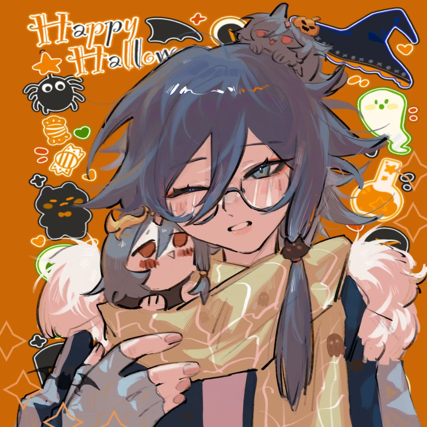 blue_eyes blue_hair fu_hua fu_hua_(herrscher_of_sentience) glasses grey_hair hair_between_eyes halloween hat highres honkai_(series) honkai_impact_3rd long_hair ponytail red_eyes