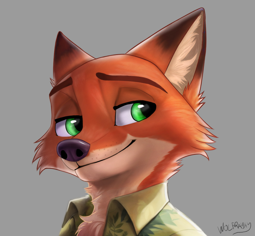 aloha_shirt anthro canid canine cheek_tuft chest_tuft clothed clothing digital_drawing_(artwork) digital_media_(artwork) dipstick_ears disney facial_tuft fox green_eyes grey_background headshot_portrait inner_ear_fluff looking_at_viewer male mammal multicolored_ears nick_wilde open_clothing open_shirt open_topwear pattern_clothing pattern_shirt pattern_topwear portrait shirt simple_background smile solo topwear tuft wolfrayay zootopia