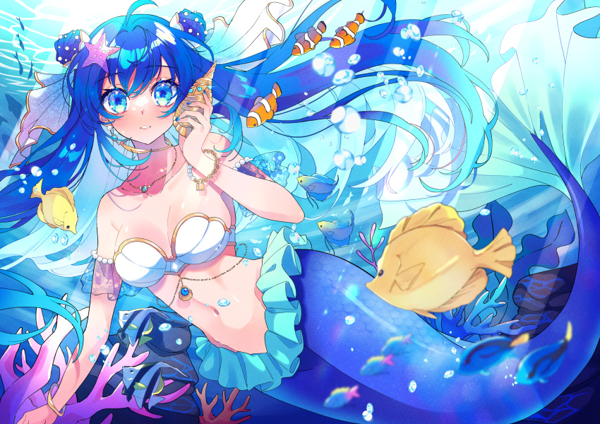 1girl ahoge armlet bare_shoulders bikini bikini_top_only blue_hair bracelet breasts chain cleavage clownfish collarbone commentary_request coral double_bun fish floating_hair groin hair_between_eyes hair_bun hair_ornament hand_up highres holding holding_shell jewelry large_breasts light_rays lock long_hair looking_at_viewer mermaid monster_girl navel necklace original parted_lips pearl_bracelet shell sidelocks solo_focus starfish_hair_ornament stomach strapless strapless_bikini swimsuit tomato_(orieee) underwater white_bikini