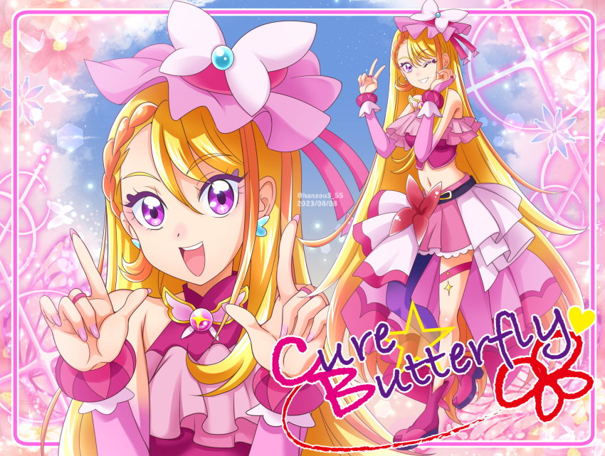 1girl belt_bow birthday blonde_hair bow_skirt braid brooch butterfly_brooch butterfly_earrings butterfly_hat butterfly_hat_ornament character_name cure_butterfly earrings full_body hanzou happy_birthday hat_ornament highres hijiri_ageha hirogaru_sky!_precure jewelry long_hair looking_at_viewer magical_girl midriff navel one_eye_closed open_mouth pink_headwear pink_skirt pink_theme precure purple_eyes single_leg_pantyhose skirt smile solo very_long_hair wing_brooch wing_hair_ornament