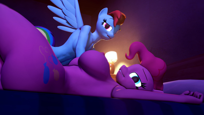 2023 3d_(artwork) 4k absurd_res anthro anthrofied areola bed bedroom bedroom_eyes big_areola big_breasts big_butt blue_body blue_fur breasts bubble_butt butt curvaceous curvy_figure cutie_mark detailed_background digital_media_(artwork) duo earth_pony equid equine eyelashes female fingers fluffy fluffy_tail friendship_is_magic fur furniture hair hasbro hi_res horse long_tail looking_at_viewer lying mammal multicolored_hair multicolored_tail my_little_pony narrowed_eyes nipples nude on_back on_bed open_mouth pegasus pink_body pink_eyes pink_fur pink_hair pinkie_pie_(mlp) pony rainbow_dash_(mlp) rainbow_hair rainbow_tail seductive short_hair smile source_filmmaker tail teal_eyes themanwithaquest thick_thighs voluptuous wide_hips wings