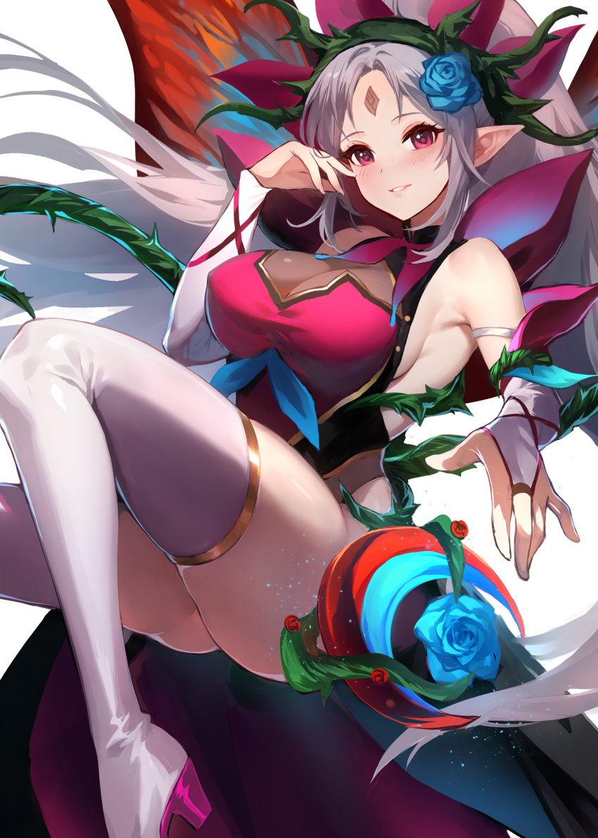1girl absurdres ass_visible_through_thighs bare_shoulders blush breasts bridal_gauntlets commentary_request dress facial_mark fairy fairy_wings fire_emblem fire_emblem_heroes floating_hair forehead forehead_mark grey_hair grin highres jurge lips long_hair looking_at_viewer mixed-language_commentary official_alternate_costume parted_lips pink_lips plant plumeria_(fire_emblem) plumeria_(rapturous_dream)_(fire_emblem) pointy_ears ponytail purple_dress red_eyes simple_background sleeveless sleeveless_dress smile solo thighhighs thighs very_long_hair vines white_background white_thighhighs wings