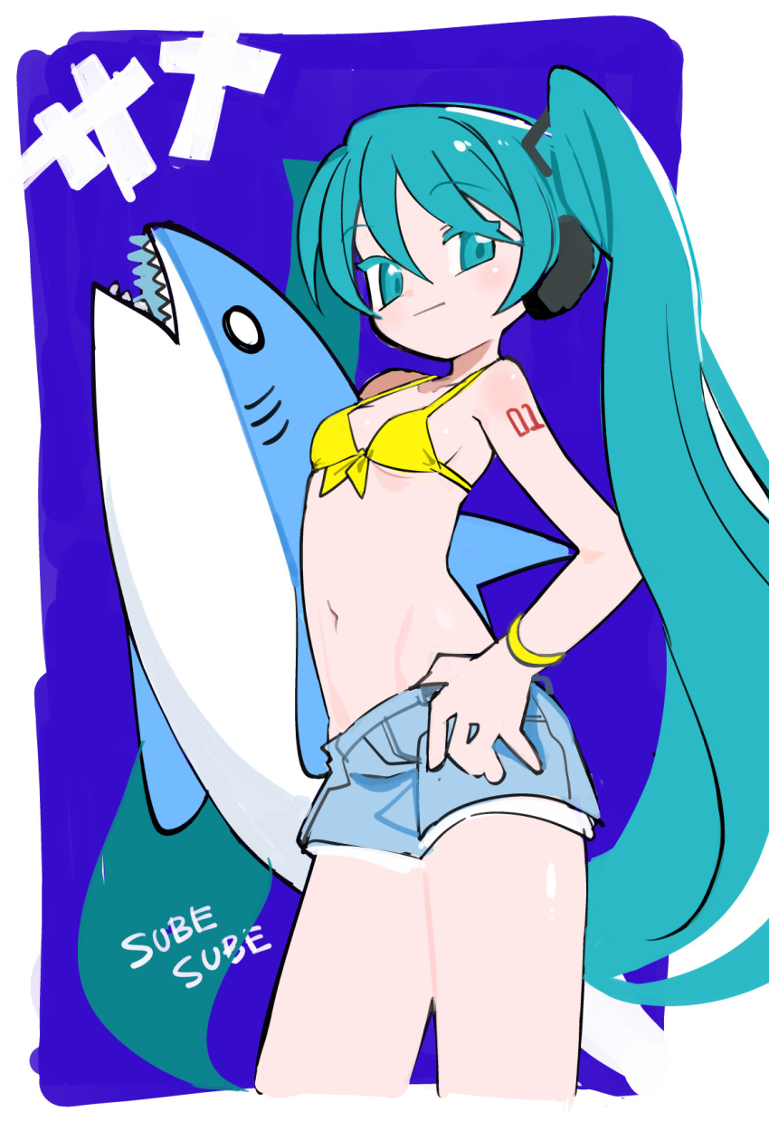 1girl alternate_costume aqua_eyes aqua_hair arched_back bikini bikini_top_only blue_background border breasts carrying carrying_under_arm cropped_legs cutoffs denim denim_shorts hatsune_miku headphones highres holding holding_stuffed_toy kokaki_mumose light_blush light_smile long_hair looking_at_viewer looking_to_the_side navel number_tattoo romaji_text shorts small_breasts solo stuffed_animal stuffed_shark stuffed_toy swimsuit tattoo thumb_in_beltline translation_request twintails very_long_hair vocaloid white_border yellow_bikini yellow_bracelet
