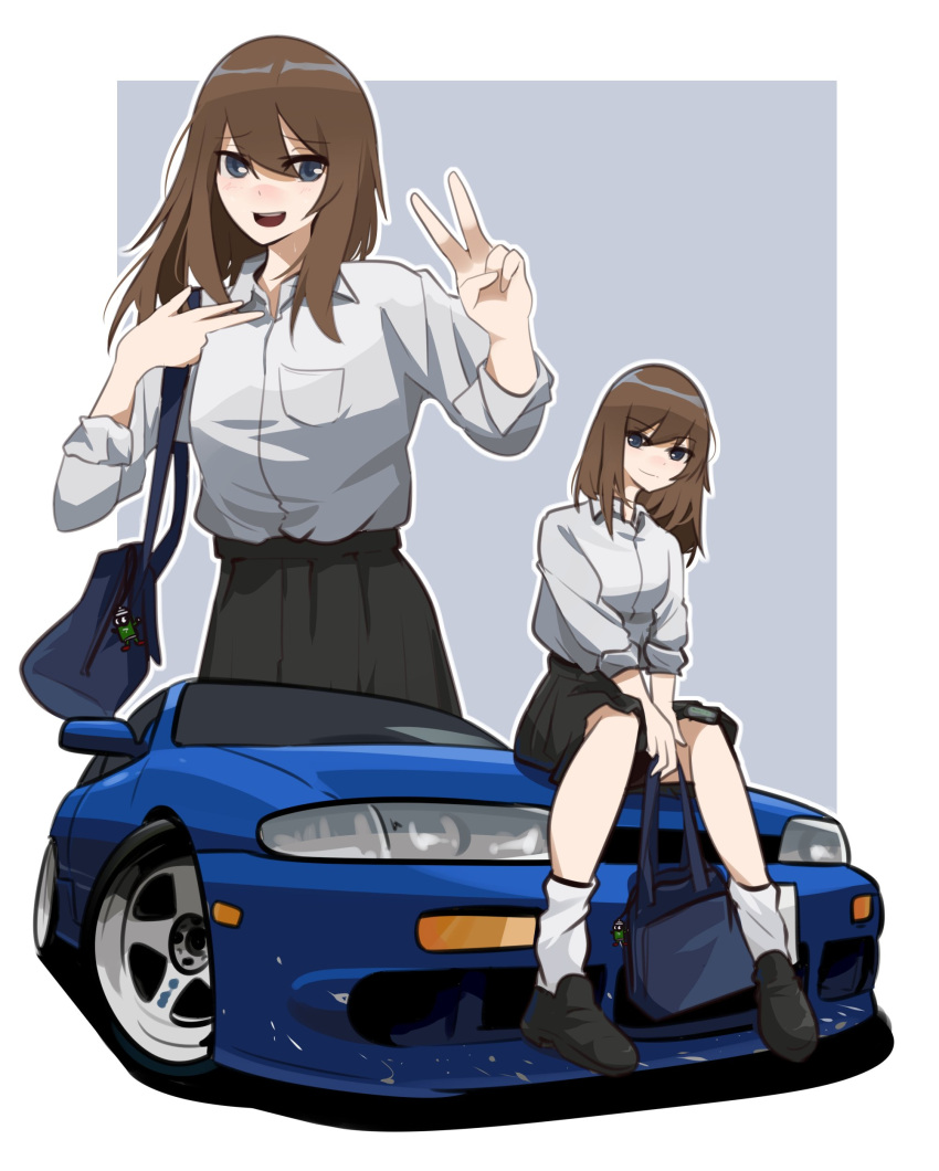 1girl absurdres asamiya_mariko bag black_footwear black_skirt blue_car blue_eyes border brown_hair car double_v grey_background grey_shirt grey_socks highres holding holding_bag holeecrab medium_hair motor_vehicle multiple_views nissan nissan_s14_silvia nissan_silvia original outside_border school_bag shirt shirt_tucked_in shoes sitting skirt smile socks tube_socks v white_border