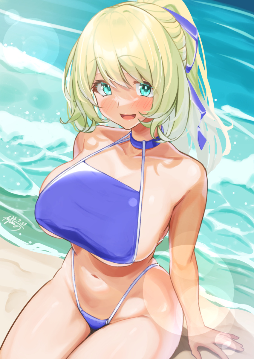 1girl alternate_costume alternate_hairstyle aqua_eyes atago_(kancolle) ayuman beach bikini blonde_hair blue_bikini blush breasts collarbone dated from_above highleg highleg_bikini highres kantai_collection large_breasts long_hair looking_at_viewer navel ocean ponytail sitting solo swimsuit tankini