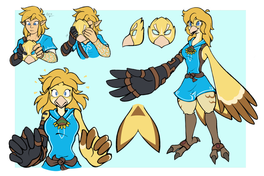 anthro avian blonde_hair blue_eyes clothed clothing colored feathers female gender_transformation hair hi_res human link long_hair male mammal mask mask_transformation mattythemouse mtf_transformation nintendo personality_change rito solo species_transformation surprised_expression the_legend_of_zelda transformation winged_arms wings yellow_body yellow_feathers