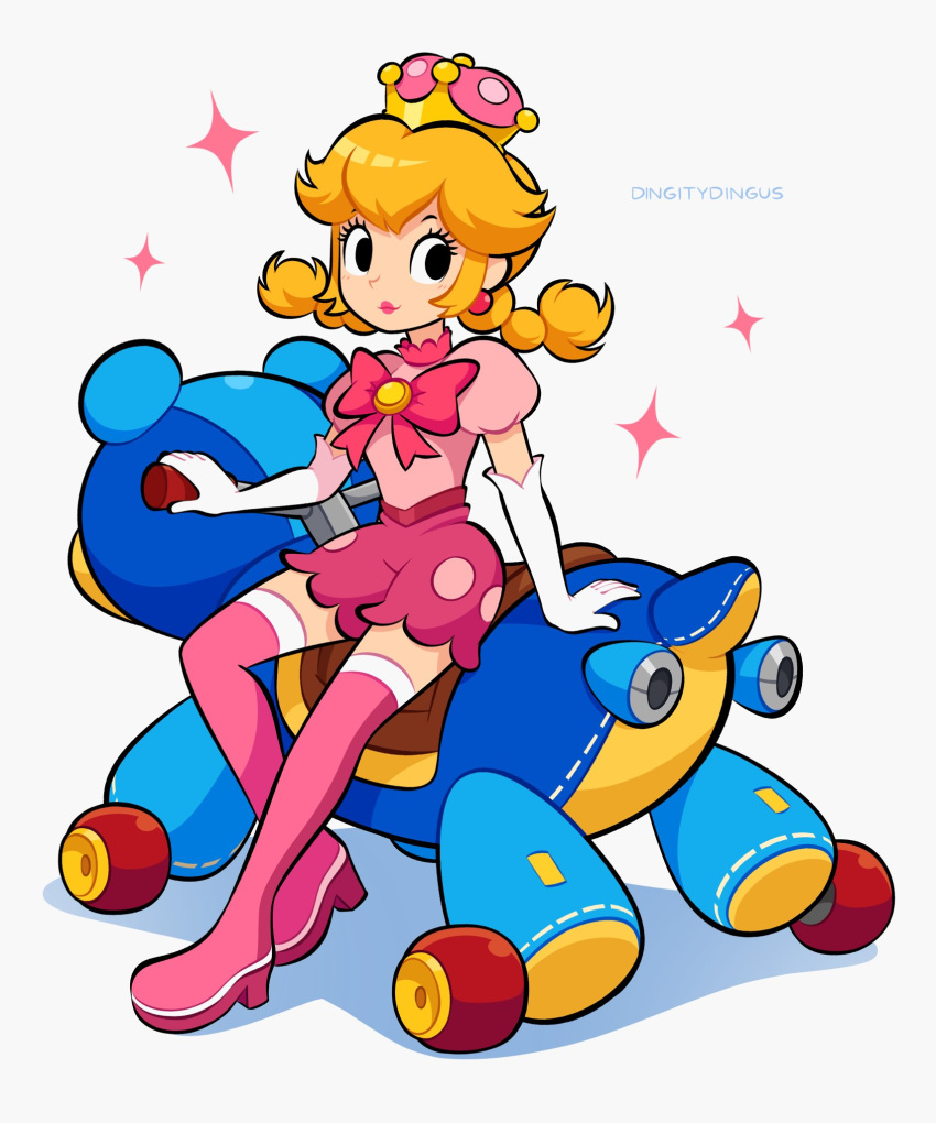 1girl artist_name blonde_hair boots bow elbow_gloves full_body gloves highres knee_boots looking_to_the_side mario_(series) mario_kart mario_kart_8 peachette pink_bow pink_footwear pink_shirt pink_shorts puffy_short_sleeves puffy_sleeves shirt short_sleeves short_twintails shorts simple_background solo super_crown teddy_buggy twintails vinny_(dingitydingus) white_background white_gloves
