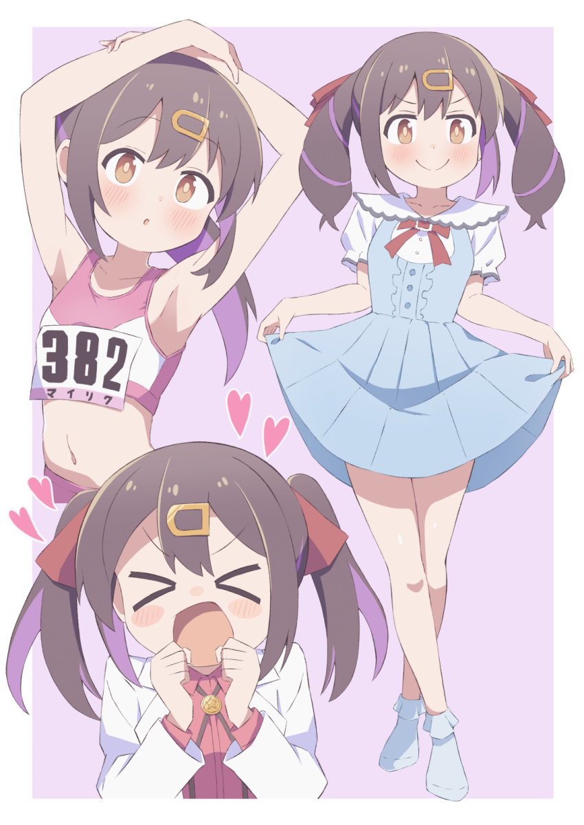 &gt;_&lt; 1girl aged_down armpits arms_up bare_legs black_hair blue_dress blush blush_stickers bobby_socks bolo_tie brown_eyes closed_eyes commentary crossed_ankles dress gradient_background hair_ornament hair_ribbon hairclip hazuki_mashiro heart highres lab_coat long_hair long_sleeves midriff multiple_views navel no_shoes onii-chan_wa_oshimai! open_mouth oyama_mihari ponytail purple_background purple_hair red_ribbon red_shirt ribbon shirt short_sleeves simple_background skirt_hold smile socks twintails white_socks xo