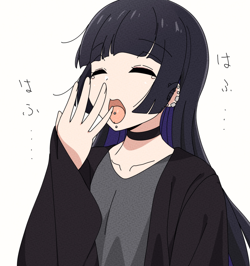 1girl absurdres black_cardigan black_choker black_hair bocchi_the_rock! cardigan chin_piercing choker closed_eyes collarbone colored_inner_hair covering_mouth ear_piercing goumonsha hand_over_own_mouth highres hime_cut long_hair multicolored_hair open_cardigan open_clothes pa-san piercing purple_hair solo tearing_up tongue_piercing two-tone_hair yawning