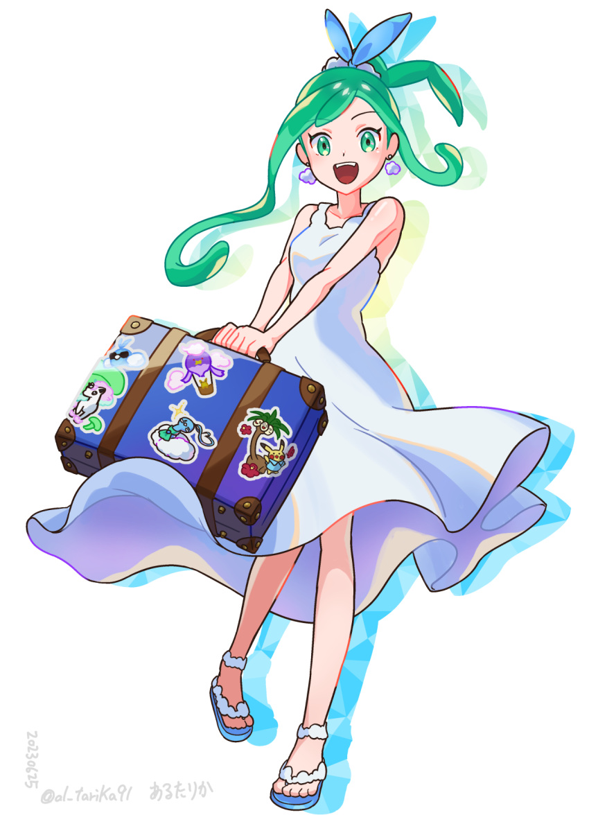 1girl :d alolan_exeggutor altaria alternate_costume arutarika_(ri_kaoekaki) bare_arms blue_ribbon character_print commentary_request dress drifblim earrings eyelashes full_body galarian_ponyta green_eyes green_hair hair_ribbon happy highres jewelry lisia_(pokemon) looking_at_viewer open_mouth pikachu pokemon pokemon_(game) pokemon_oras ribbon sandals sleeveless sleeveless_dress smile solo sticker suitcase swablu teeth toes upper_teeth_only white_dress