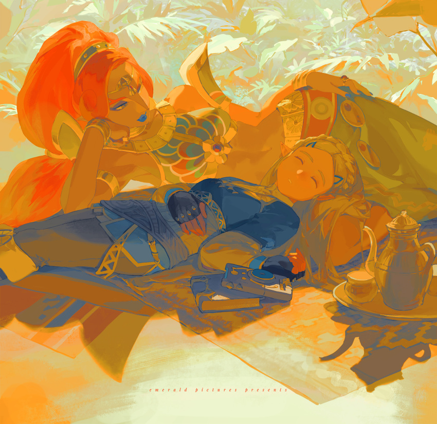 2girls blonde_hair blue_vest braid crown_braid dark-skinned_female dark_skin fingerless_gloves gloves hair_ornament hairclip highres holy_pumpkin long_hair lying midriff multiple_girls pointy_ears ponytail princess_zelda red_hair sleeping the_legend_of_zelda the_legend_of_zelda:_breath_of_the_wild urbosa vest