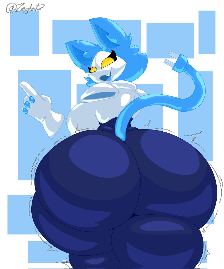 anthro big_breasts big_butt blue_hair bottomwear breasts butt clothing darkner deltarune felid female floating_hands hair hi_res huge_butt looking_at_viewer looking_back machine mammal open_mouth pants robot shoulder_pads solo tasque_manager thick_thighs topwear undertale_(series) wide_hips yellow_eyes zeglo-official