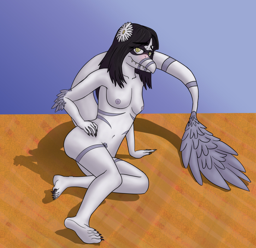 2023 accessory anthro areola black_hair blush breasts claws digital_drawing_(artwork) digital_media_(artwork) dinosaur dromaeosaurid elbow_feathers eyelashes feathered_dinosaur feathered_tail feathers feet female fingers flower flower_in_hair grey_body grey_scales hair hair_accessory hand_on_hip hand_on_own_hip hi_res i_wani_hug_that_gator long_hair long_tail looking_at_viewer lunara_(iwhtg) multicolored_body multicolored_scales nipples nude plant pubes reptile scales scalie sharp_teeth simple_background sitting smile snout solo tail tail_tuft teeth theropod toe_claws toes tuft two_tone_body two_tone_scales velociraptor vkbird white_body white_scales yellow_eyes
