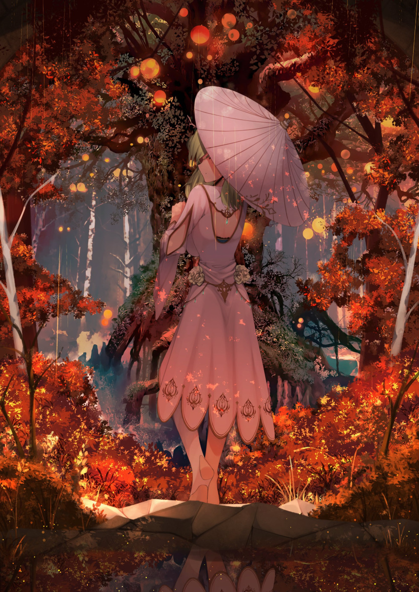 1girl absurdres antlers barefoot ceres_fauna commentary dress english_commentary flower forest giant_tree green_hair highres holding holding_umbrella hololive hololive_english long_hair long_sleeves nature pond rain reflection reflective_water ren_muramasa rock scenery solo tree umbrella virtual_youtuber water white_dress