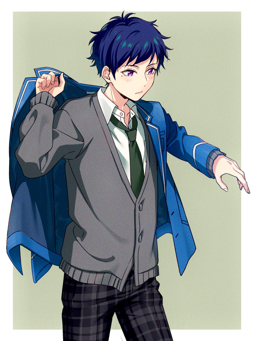 1boy blazer blue_hair blue_jacket blush border cardigan collared_shirt commentary_request cowboy_shot dark_blue_hair ensemble_stars! fingernails fushimi_yuzuru green_necktie grey_cardigan highres jacket lapels long_sleeves male_focus mole mole_under_eye necktie notched_lapels open_clothes open_collar open_jacket outside_border pants partial_commentary plaid plaid_pants purple_eyes school_uniform shirt short_bangs short_hair solo two-tone_background user_vzxu4543 white_border yumenosaki_school_uniform