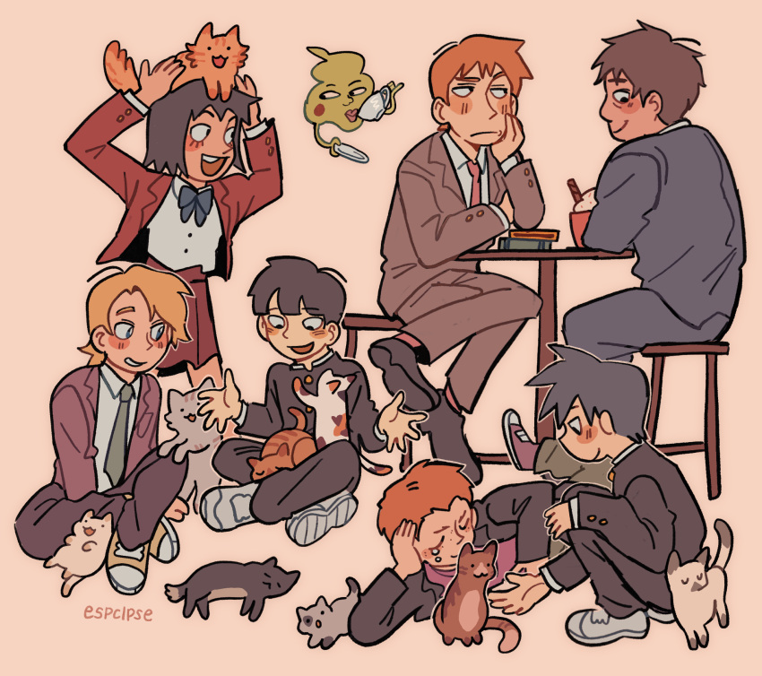 1girl 6+boys animal animal_on_head animal_on_lap artist_name black_eyes black_footwear black_hair black_jacket black_pants blazer blonde_hair blush brown_hair cat cat_cafe cat_on_head cat_on_lap closed_eyes closed_mouth collared_shirt commentary cup ekubo_(mob_psycho_100) english_commentary esper-eclipse food formal freckles frown full_body gakuran hanazawa_teruki head_rest highres holding holding_cup indian_style jacket kageyama_ritsu kageyama_shigeo kurata_tome long_sleeves looking_at_another mob_psycho_100 multiple_boys necktie on_head on_lap open_mouth orange_background orange_hair pants red_jacket red_skirt reigen_arataka school_uniform serizawa_katsuya shirt shoes short_hair simple_background sitting skirt smile sneakers spirit standing stool suit suzuki_shou table teacup white_shirt