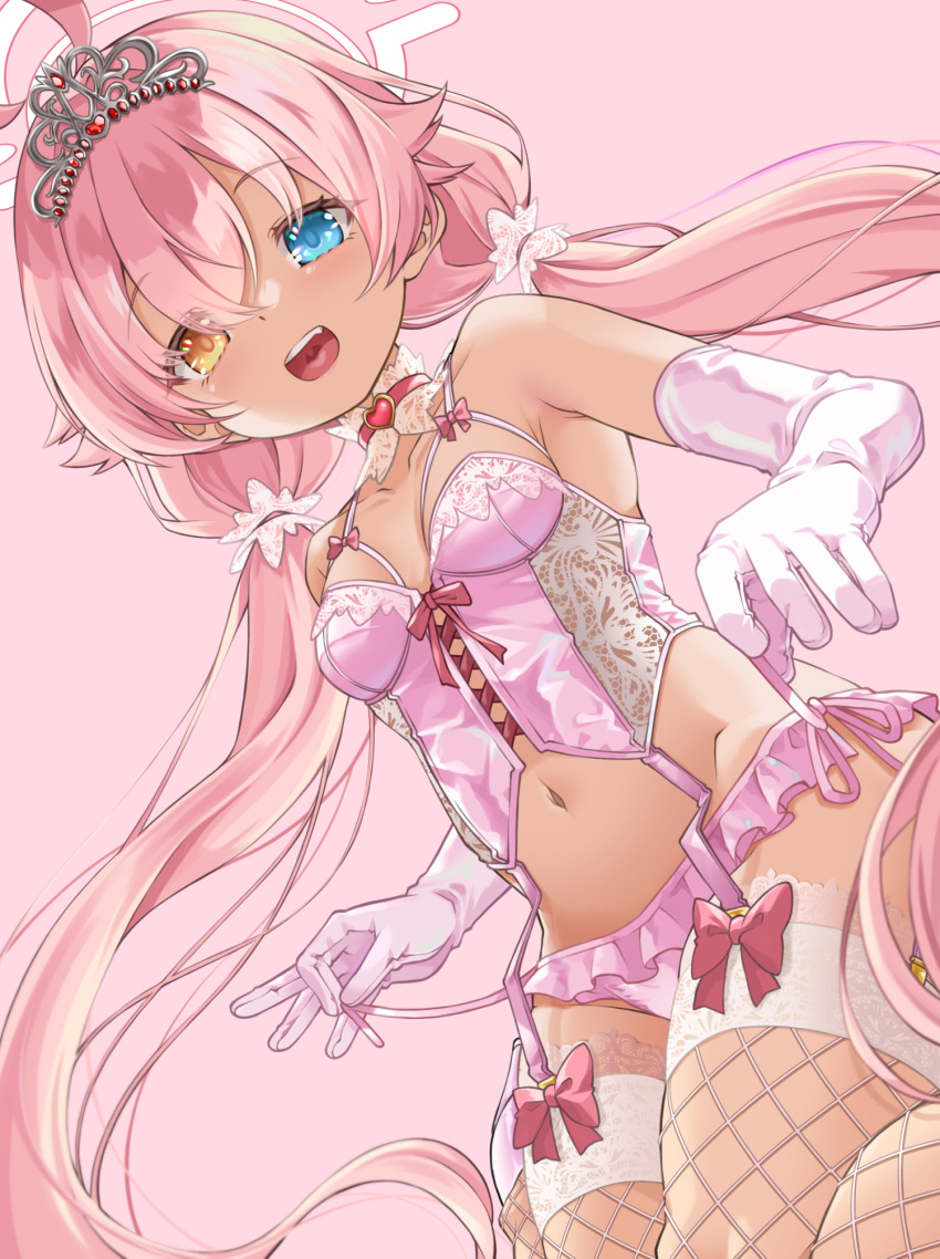 1girl ahoge alternate_costume blue_archive blue_eyes bow breasts collarbone fishnet_thighhighs fishnets gin_(shioyude) gloves hair_between_eyes halo heterochromia highres hoshino_(blue_archive) long_hair looking_at_viewer low_twintails navel open_mouth pink_background pink_gloves pink_hair pink_halo red_bow simple_background small_breasts smile solo thighhighs tiara twintails very_long_hair yellow_eyes