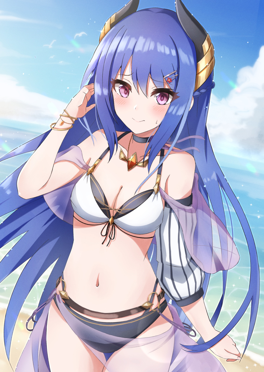 1girl arm_at_side bare_shoulders bikini blue_hair blush bracelet braid breasts choker cleavage closed_mouth cloud cowboy_shot day detached_sleeves french_braid glint hair_ornament hair_tucking hairclip hand_up highres horns jewelry long_hair looking_at_viewer navel ocean outdoors pendant princess_connect! purple_eyes rei_(princess_connect!) rei_(summer)_(princess_connect!) sarong seiji_(artman) small_breasts solo sparkle standing sweatdrop swimsuit