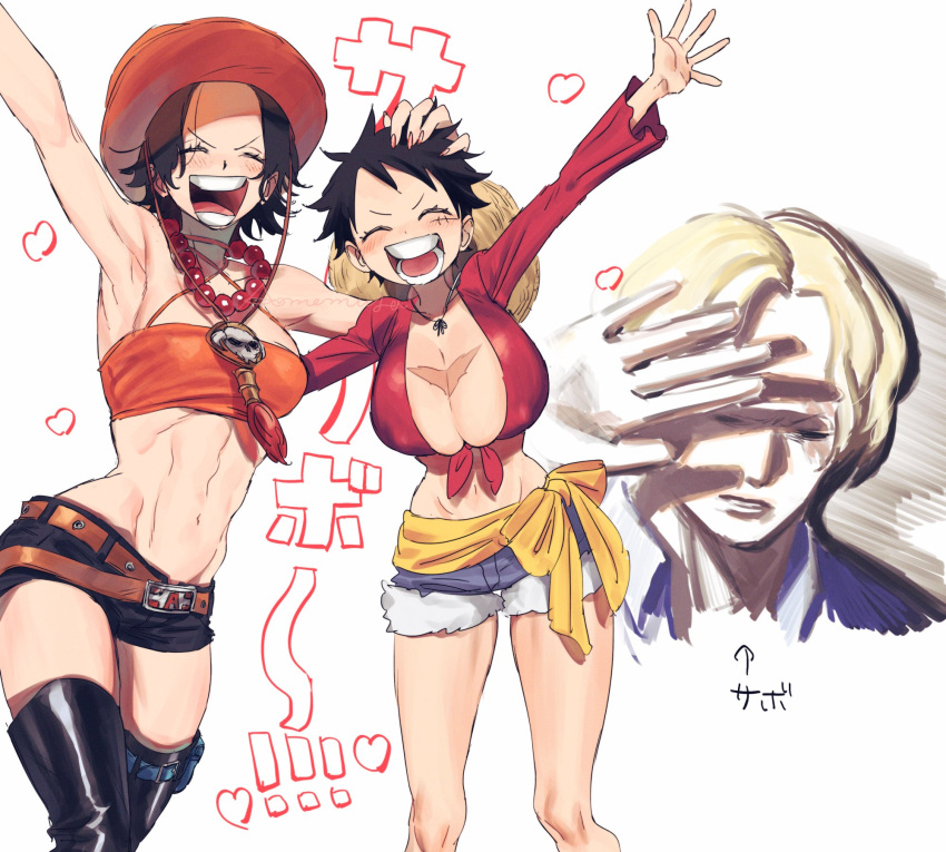 1boy 2girls :d artist_request black_hair black_shorts blonde_hair blush breasts cleavage closed_eyes cowboy_hat denim denim_shorts eyelashes genderswap genderswap_(mtf) happy hat highres large_breasts looking_at_viewer midriff monkey_d._luffy multiple_girls navel one_piece open_mouth portgas_d._ace red_shirt sabo_(one_piece) scar shirt short_hair short_shorts shorts simple_background smile source_request standing straw_hat thighhighs thighs translation_request white_background