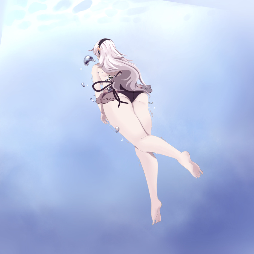 1girl asphyxiation biru_saeika breasts copyright_request corrin_(female)_(fire_emblem) corrin_(fire_emblem) drowning highres holding_breath long_hair peril shell shell_bikini swimming underwater white_hair