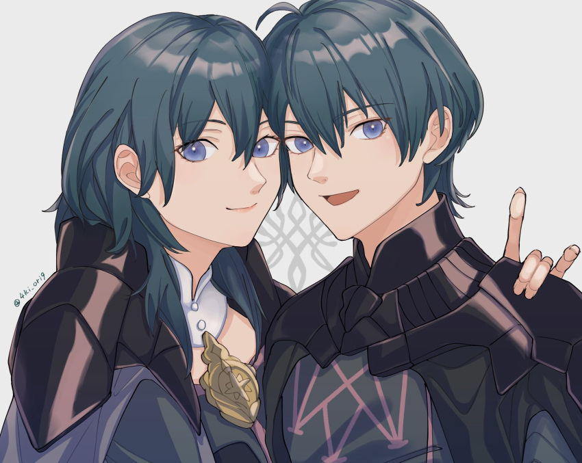 1boy 1girl 4ki_ori9 ahoge armor black_armor blue_hair byleth_(female)_(fire_emblem) byleth_(fire_emblem) byleth_(male)_(fire_emblem) closed_mouth commentary_request fire_emblem fire_emblem:_three_houses hair_between_eyes hand_on_another's_shoulder highres lips long_hair looking_at_viewer open_mouth pink_lips purple_eyes short_hair simple_background smile twitter_username white_background