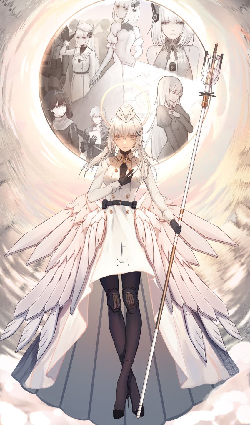 angel_wings black_gloves garrison_cap gloves hair_ornament halo hat highres holding holding_staff jacket lee:_entropy_(punishing:_gray_raven) liv:_eclipse_(punishing:_gray_raven) liv:_empyrea_(punishing:_gray_raven) liv:_lux_(punishing:_gray_raven) liv_(punishing:_gray_raven) long_sleeves lucia:_lotus_(punishing:_gray_raven) mechanical_legs mechanical_wings multiple_persona punishing:_gray_raven short_hair_with_long_locks staff white_hair white_headwear white_jacket wings x_hair_ornament zhi_wozi