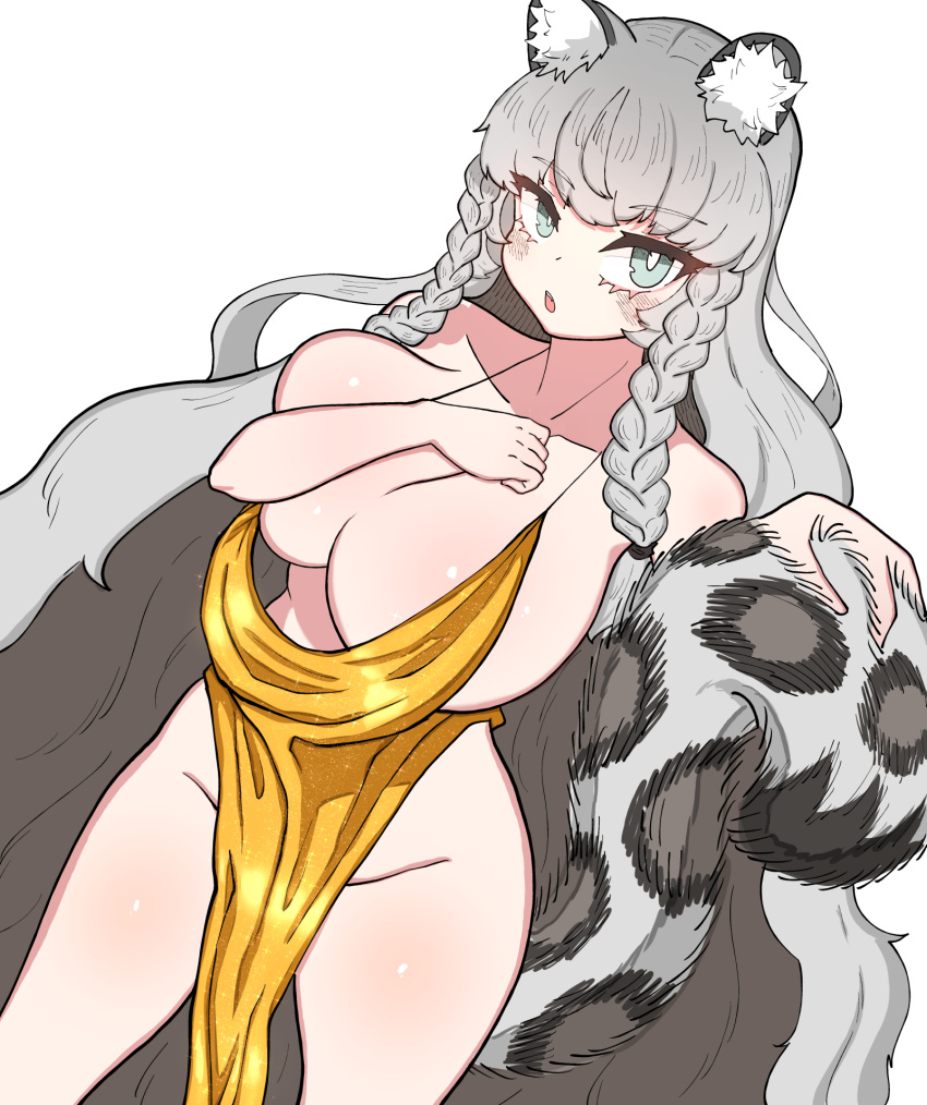 1girl alternate_costume animal_ear_fluff animal_ears aqua_eyes arknights bare_shoulders blush braid breasts bright_pupils cleavage collarbone covering covering_one_breast dress grey_hair groin hand_on_own_chest highres large_breasts leopard_ears leopard_girl leopard_tail long_hair looking_at_viewer one_breast_out open_mouth plunging_neckline pramanix_(arknights) solo tail twin_braids very_long_hair wwo2002 yellow_dress